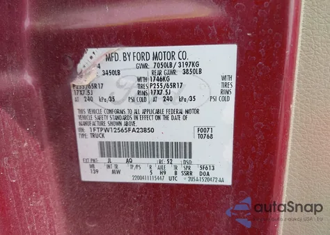 2005 Ford F-150 Lariat/Xlt from USA, damaged, VIN 1FTPW12565FA23850